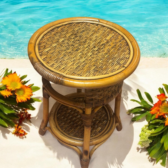 Vintage MCM Rattan and Bamboo side table BOHO Authentic Vintage MCM Home Decor - Picture 6 of 10